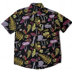 100% Cotton Psychedelic Mushroom Botanical Allover Print Black Button Up sz S